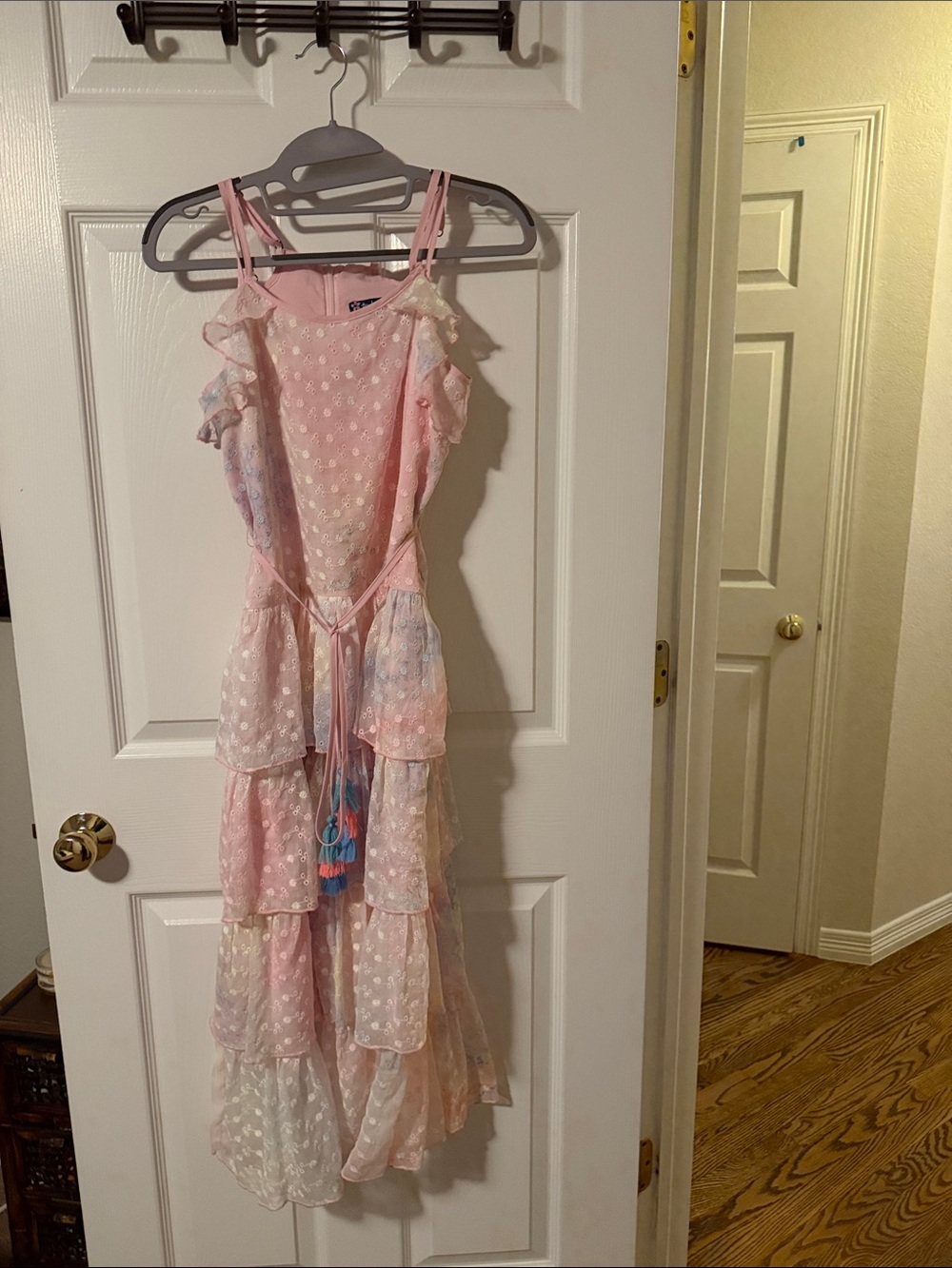 Truly Me Pastel Pink Layered Ruffle Dress with Tassel Detail